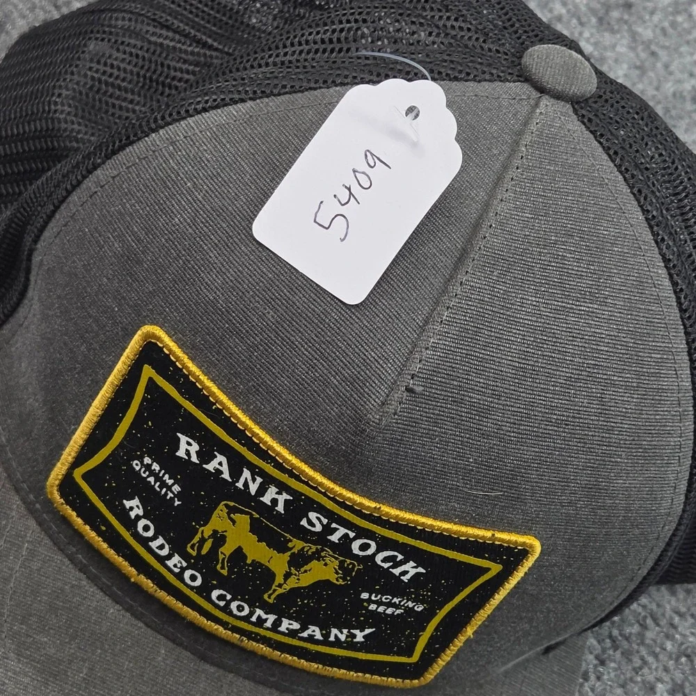 Rank Stock Rodeo Hat Gray Black Patch Hooey Trucker Farmcore Grunge Cowboy Work